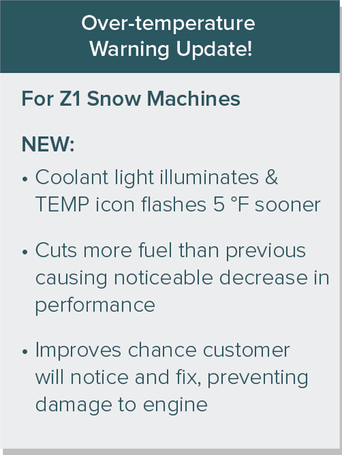 When the snowmobile over-temperature warning occurs, what happens that changes the machine’s performance?